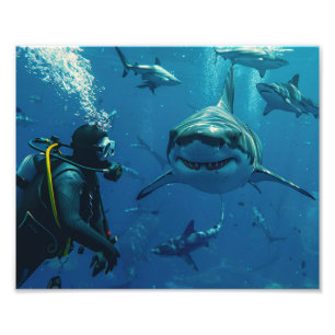 Diver & Sharks Photo Print