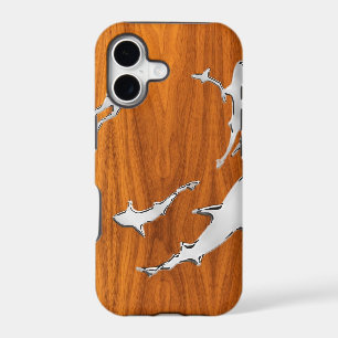 Diver with Sharks Silhouettes on Teak Veneer