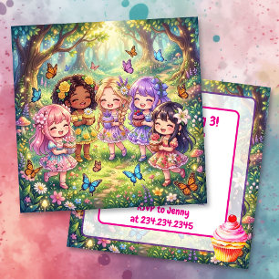 Diverse Chibi Girls with Cupcakes Birthday Party Invitation