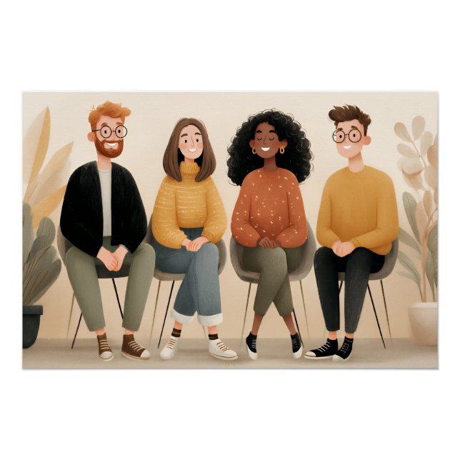 Diverse Friends Sitting Together Cozy Illustration Poster (Front)