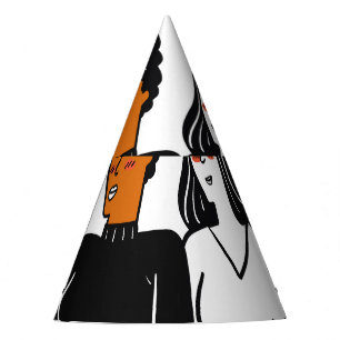 Diverse girls, various nationalities together. party hat