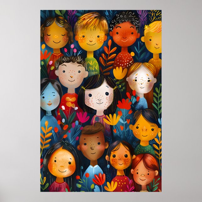 Diverse Happy Children Floral Pattern Illustration Poster (Front)