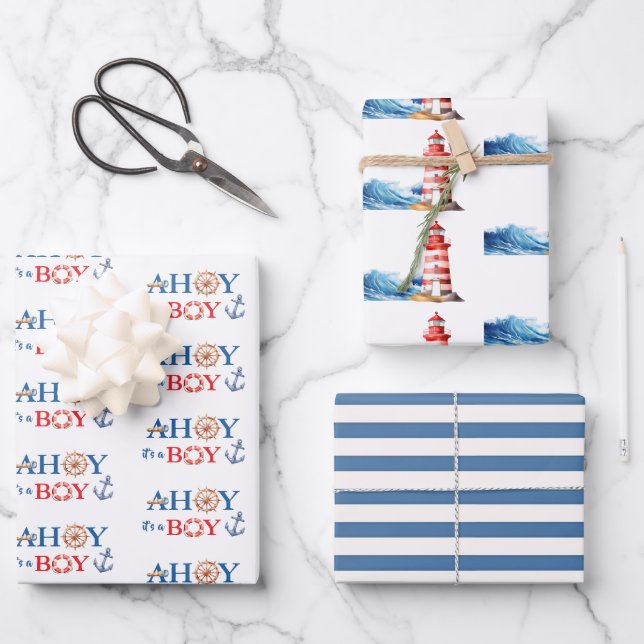 Diverse Nautical Ahoy Boy Lighthouse  Baby Shower Wrapping Paper Sheet (Front)
