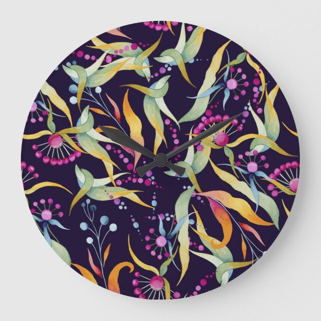Diverse plant pattern: seamless watercolor design large clock (Front)