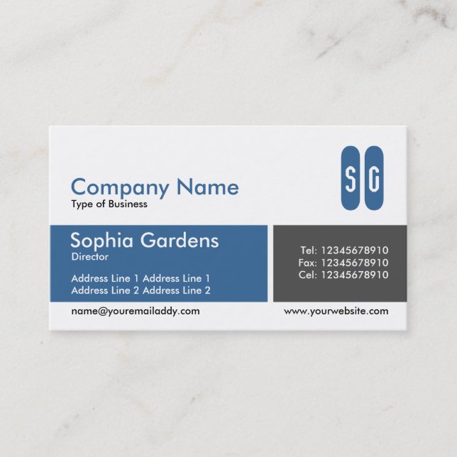 Divided Band Blue and Dark Grey - Initials Business Card (Front)