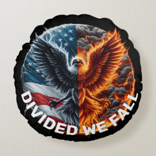 Divided We Fall Burning Flag and Eagle Round Cushion