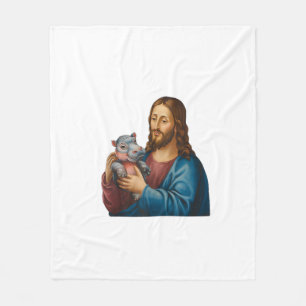Divine and Playful Scene Jesus with Moo Deng Hippo Fleece Blanket