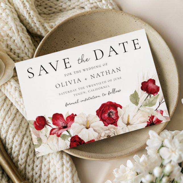 Divine Bloom: White & Red Flowers Wedding  Save The Date (Creator Uploaded)