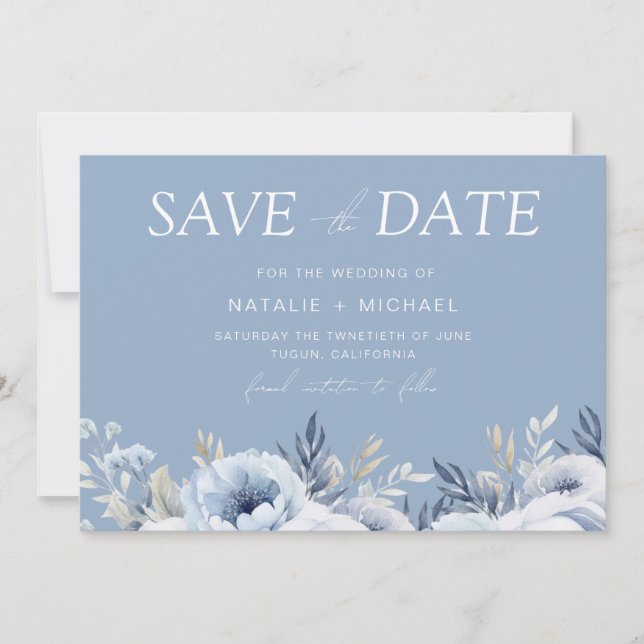 Divine Blue Gorgeous Floral Wedding Save The Date (Front)