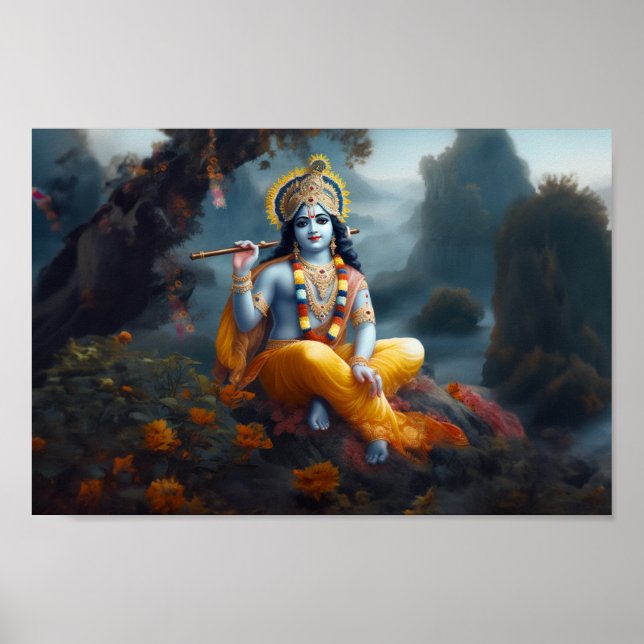Divine Blue Lord Krishna Art Poster (Front)