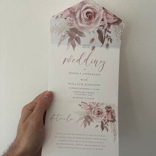 Divine Blush Dusty Rose Floral Wedding All In One Invitation