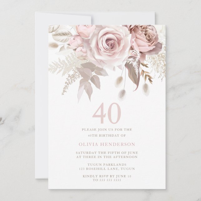 Divine Blush Pink Roses 40th Birthday Party Invitation (Front)