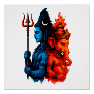 Divine Duality: Blue Shiva & Ganesha T-Shirt Poster