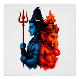 Divine Duality: Blue Shiva & Ganesha T-Shirt Poster