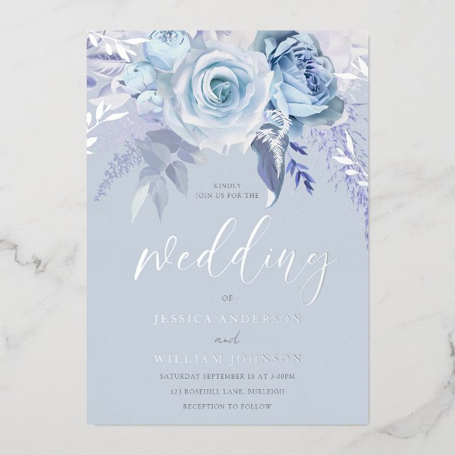 Divine Dusty Blue Floral Wedding Real Silver (Front)