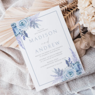 Divine Dusty Blue Modern Floral Wedding Invitation