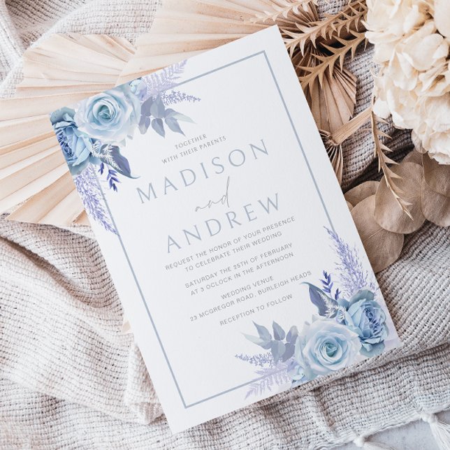 Divine Dusty Blue Modern Floral Wedding Invitation (Creator Uploaded)