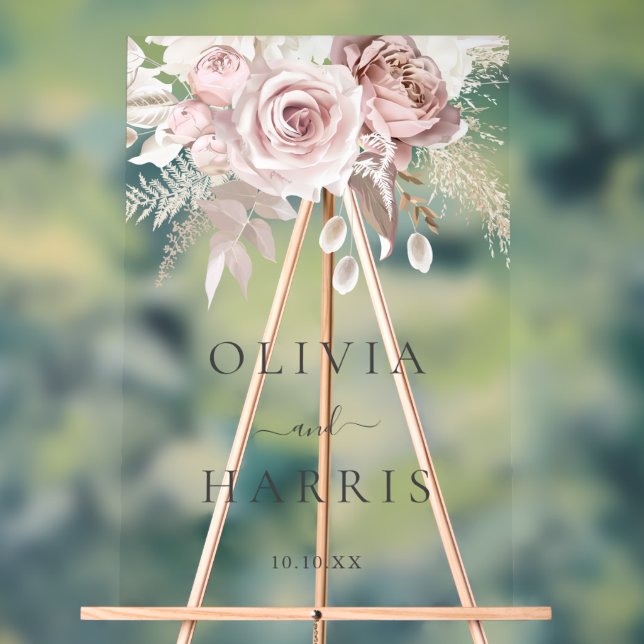 Divine Dusty Rose & Blush Floral Wedding Acrylic Sign (Neutral)