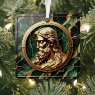 Divine Encounter Jesus Face in Ornate Gold Frame  Metal Tree Decoration