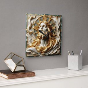 Divine Encounter Jesus Face in Ornate Gold Frame  Square Wall Clock