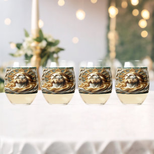Divine Encounter Jesus Face in Ornate Gold Frame  Stemless Wine Glass