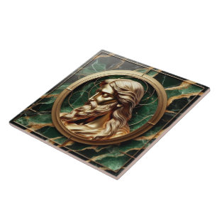 Divine Encounter Jesus Face in Ornate Gold Frame  Tile