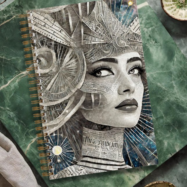 Divine Feminine Journal (Divine feminine journal featuring a collage style black and white image of a mystical woman.)