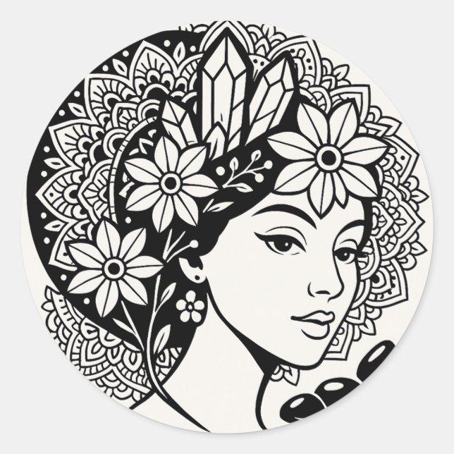 Divine Feminine Mandala Art Floral Crystal Goddess Classic Round Sticker (Front)