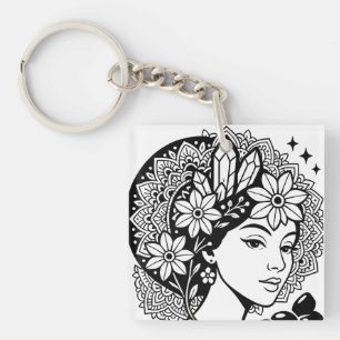 Divine Feminine Mandala Art Floral Crystal Goddess Key Ring