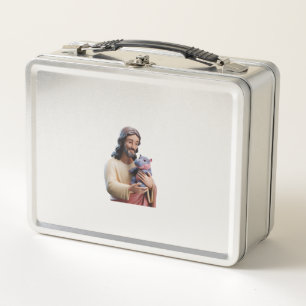 Divine_ Jesus and Moo Deng in Artistic Harmony Tan Metal Lunch Box