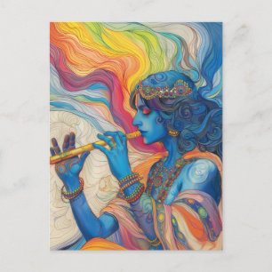 Divine Lord Krishna Playing Flute Surreal Rainbow  Postcard