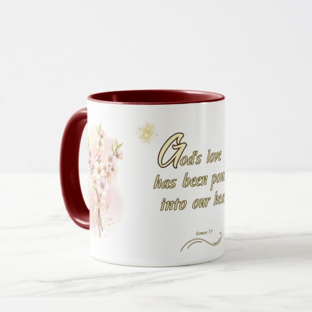 Divine Love Mug: 'Romans 5:5 Bible Verse Design Mug (Front Left)