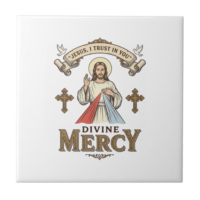 Divine Mercy Jesus Vintage Engraving Religious Shi Tile (Front)