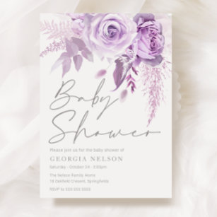 Divine Purple Lavender Rose Floral Baby Shower Invitation