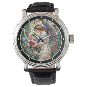 Divine Rose Garden Stained Glass Angel Wall Watch