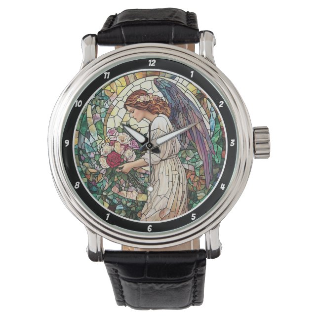 Divine Rose Garden Stained Glass Angel Wall  Watch (Front)