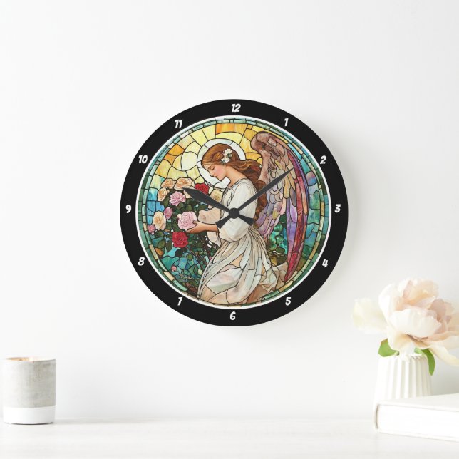 Divine Rose Radiance Stained Glass Angel Wall  Large Clock (Home)