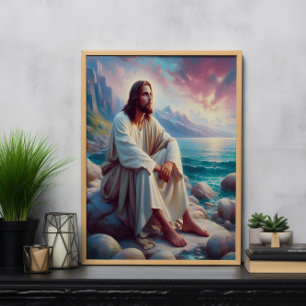 Divine Serenity Jesus by the Ocean Shore Poster