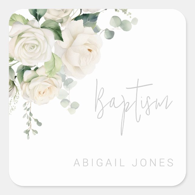 Divine White Roses & Sage Baptism Square Sticker (Front)