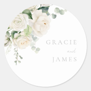Divine White Roses & Sage Wedding Classic Round Sticker