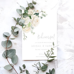 Divine White Roses & Sage Wedding Rehearsal Dinner Invitation