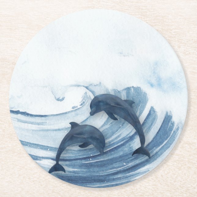 Diving dolphins in the surf round paper coaster (Front)