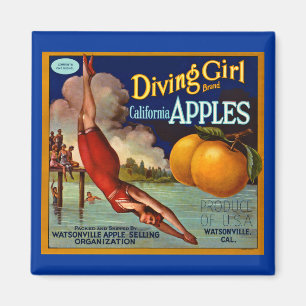 Diving Girl Apples Vintage Fruit Crate Label Magnet