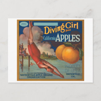 Diving Girl Brand California Apples Fruit Crate La Postcard