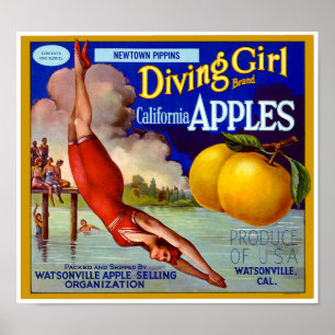 Diving Girl Brand California Apples Fruit Crate La Poster