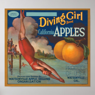 Diving Girl Brand California Apples Fruit Crate La Poster