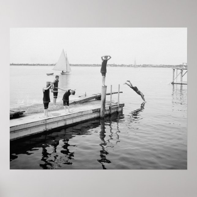 Diving Off the Pier, 1904. Vintage Photo Poster (Front)