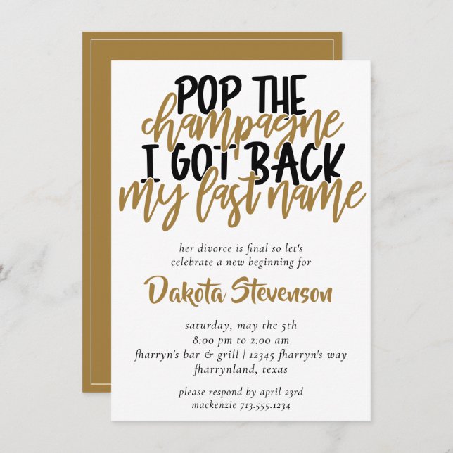 Divorce Party | Black and Gold Pop the Champagne Invitation (Front/Back)