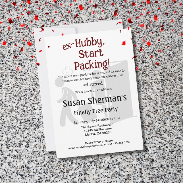 Divorce Party Celebration Ex Hubby Start Packing  Invitation (Celebrate her divorce with a finally free party! Cute Ex-Hubby, Start Packing! theme in red & black.)