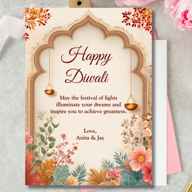 Diwali Beige Floral Arch Lamp Diyas Greeting Invitation (Creator Uploaded)